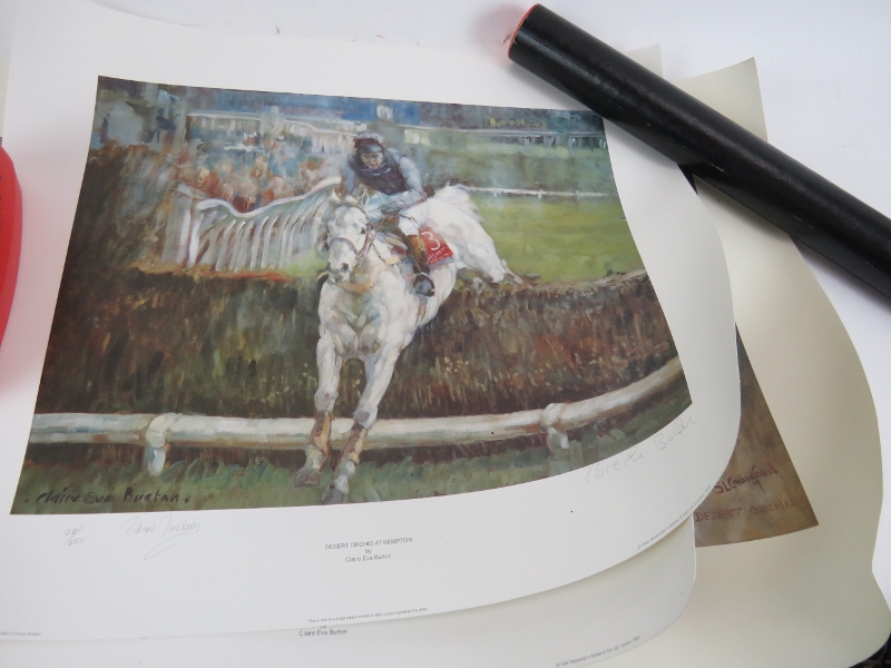 Two Claire Eva Burton pencil signed limited edition horse racing prints also signed by the
