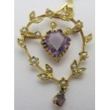 A 9ct yellow gold pendant set with centre amethyst, approx 10mm x 10mm, a small drop amethyst and