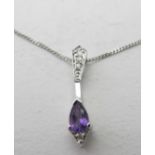 A 9ct white gold Art Deco style amethyst & diamond pendant, pear shaped amethyst 0.24cts approx,