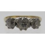 A three stone diamond ring, brilliant cut diamonds approx 1ct, hallmarks worn, size O. Condition
