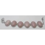 Rose quartz bracelet, six large bezel set cabochon stones, each 26mm x 20mm approx, 7" length,