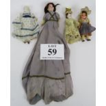 Four small antique bisque headed dolls, two marked behind heads, the largest with composite arms and