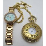 A ladies Fossil wristwatch and modern pocket watch with Albert chain. Fossil watch in original