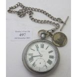 A white metal Southern Railway pocket watch, marked S.R 3915 on a white metal Albert. Condition