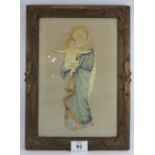 A super quality silk work of The Madonna and Child mounted in gilt gesso Art Nouveau frame.