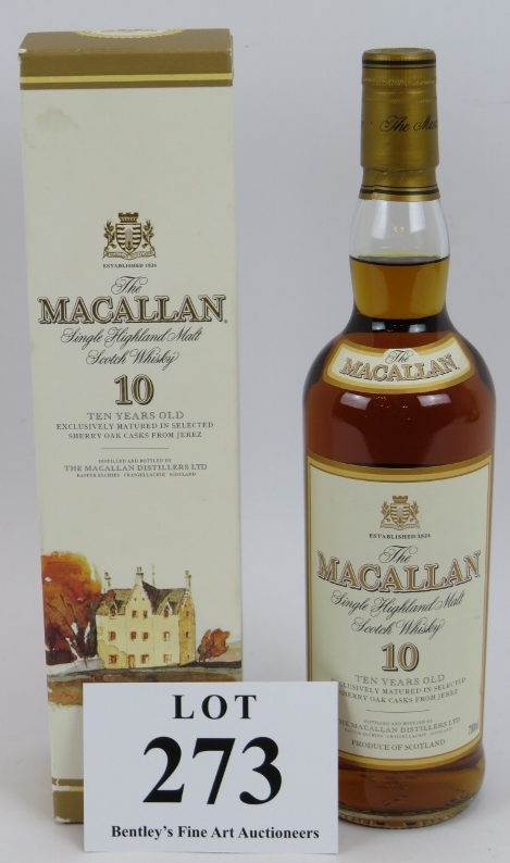 One bottle of the Macallan 10 year old single malt whisky, 70cl, 40%, in box. Condition report: No