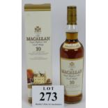 One bottle of the Macallan 10 year old single malt whisky, 70cl, 40%, in box. Condition report: No