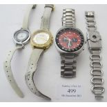 A DKNY Tachymeter stainless steel watch, a Cerruti stainless steel watch with link strap, a Seksy