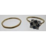 A 9ct gold square set sapphire & white stone ring, size P, and a gold wedding ring. Hallmarks