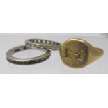 An 18ct gold signet ring and two eternity rings set with white stones. Total approx weight 14.5