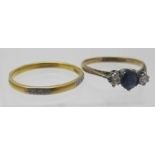 An 18ct gold & platinum sapphire & diamond ring, size N, and a 22ct gold wedding ring, total