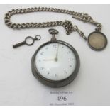 A Georgian silver pair cased fusee pocket watch, London 1812, with key and a silver graduated Albert