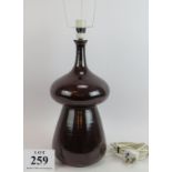 A retro 1960s/70s Secla terracotta table lamp with aubergine glaze. Height 42cm. Condition report: