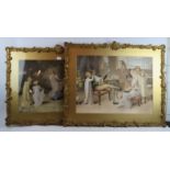 A pair of decorative overpainted prints, depicting Georgian musical interior scenes, 47cm x 70cm,