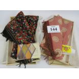 Two Kawashima Japanese silk scarves in wooden presentation boxes, both 90cm long and unused. (2).