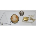 A 9ct gold cameo ring, size O, a cameo brooch/pendant set with marcasite & safety chain, and a small