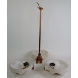 A period Art Deco three branch ceiling light in polished copper with fluted pink tinged opaline