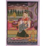 A hand painted Indian scroll depicting a lady with a shisha pipe and gramophone, unframed and