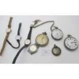 An assortment of four pocket watches and four wristwatches, one pocket watch with an Albert.