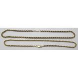 A 9ct gold rope chain necklace with lobster clasp and another 9ct gold rope chain necklace, approx