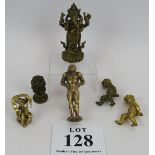 A 19th Century French notary seal, three bronze ormolu cherubs, a brass figure of atlas and a cast