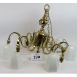 A good quality brass six branch chandelier with opaline glass drop shades. Height without chain