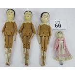 Three German jointed wooden dolls, possibly antique, each with painted heads 29cm tall plus a