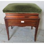 An Edwardian mahogany inlaid & crossbanded piano stool with height adjustable seat mechanism, raised