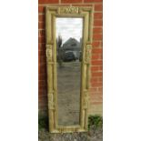 A vintage rectangular bevelled dressing mirror with distressed gold painted wooden frame featuring