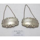 A pair of silver decanter labels, Sherry & Brandy, Sheffield 1967. Condition report: Good condition.