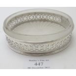 A silver mounted glass butter dish, the silver base openwork decoration and plaque 'From the