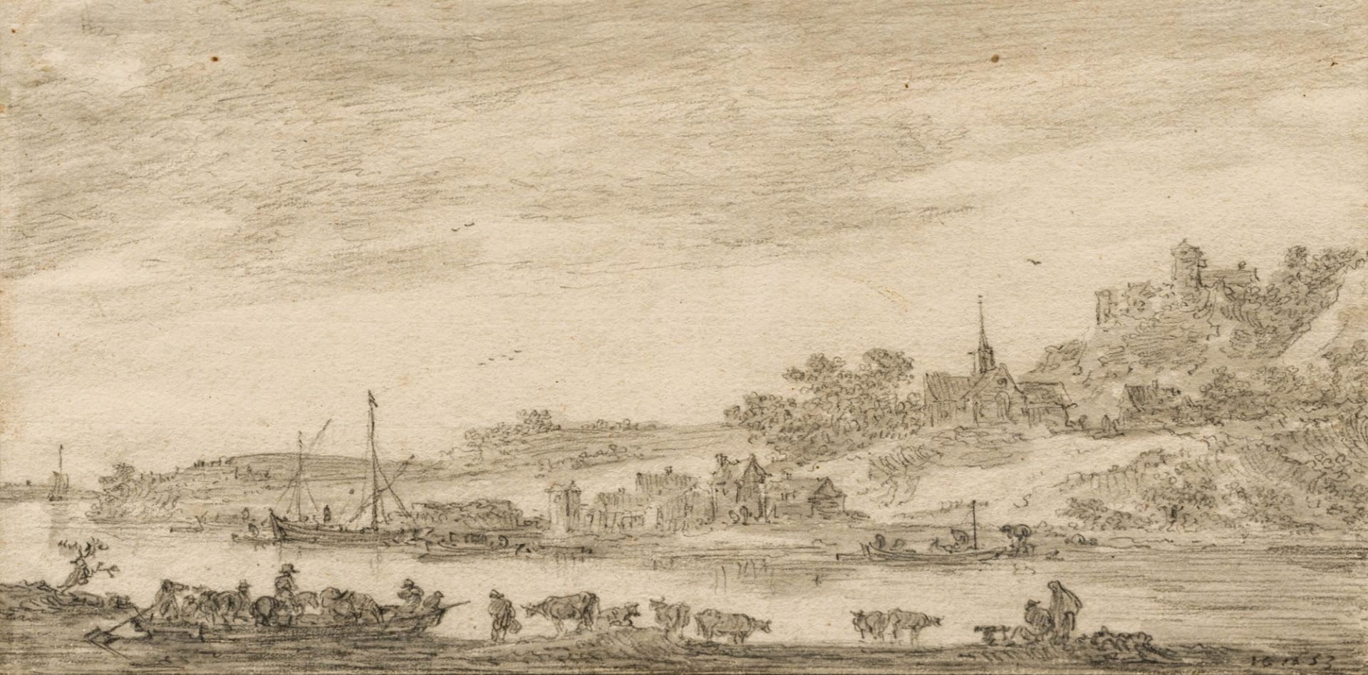 Jan van Goyen 1596–1656 nach Flusslandschaft 1653 Kohle und Lavis auf Papier unten rechts