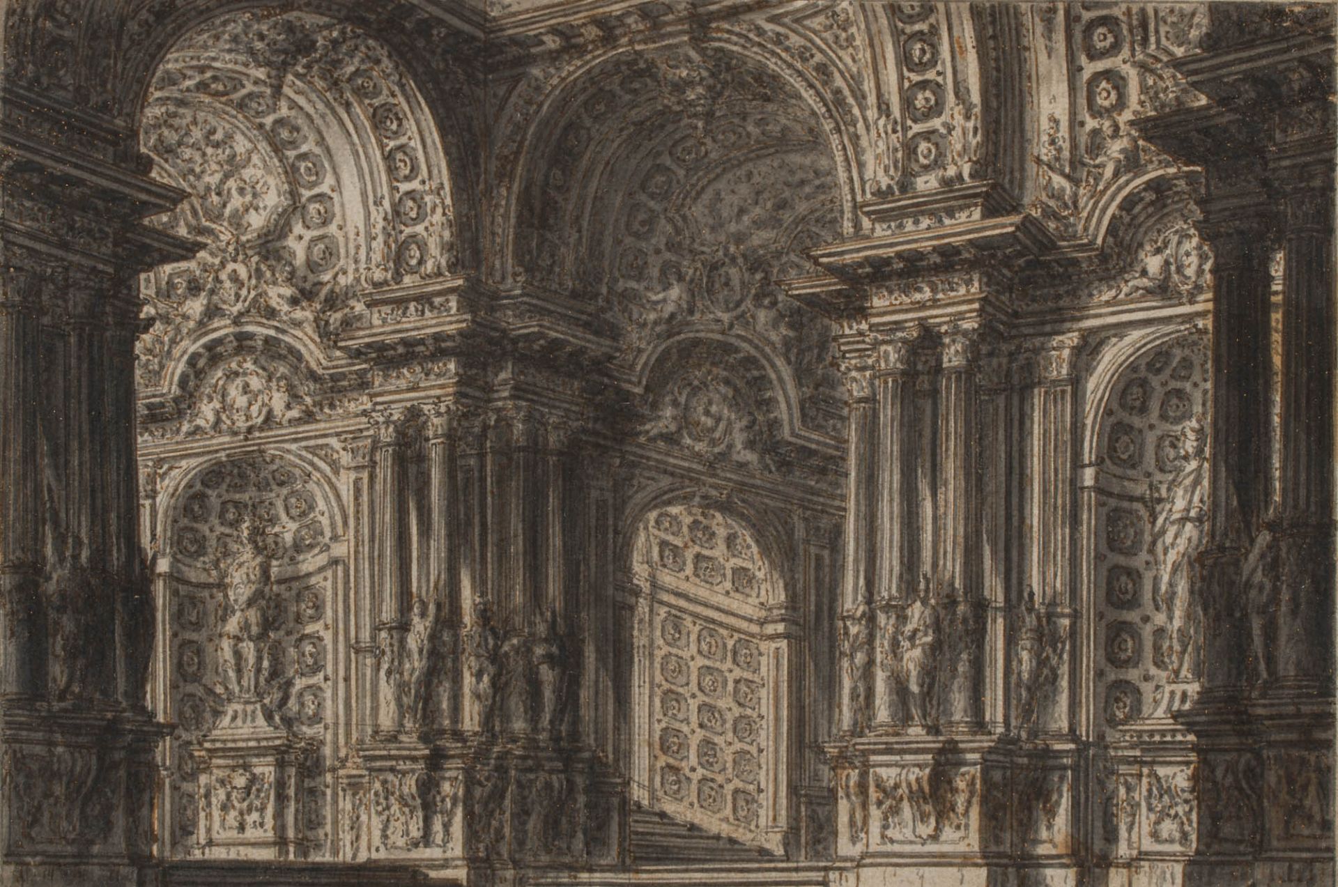 Jean-Charles Delafosse 1734–1791 Umkreis 2 Fantasie Architektur-Fantasien Tuschfeder und -pinsel auf