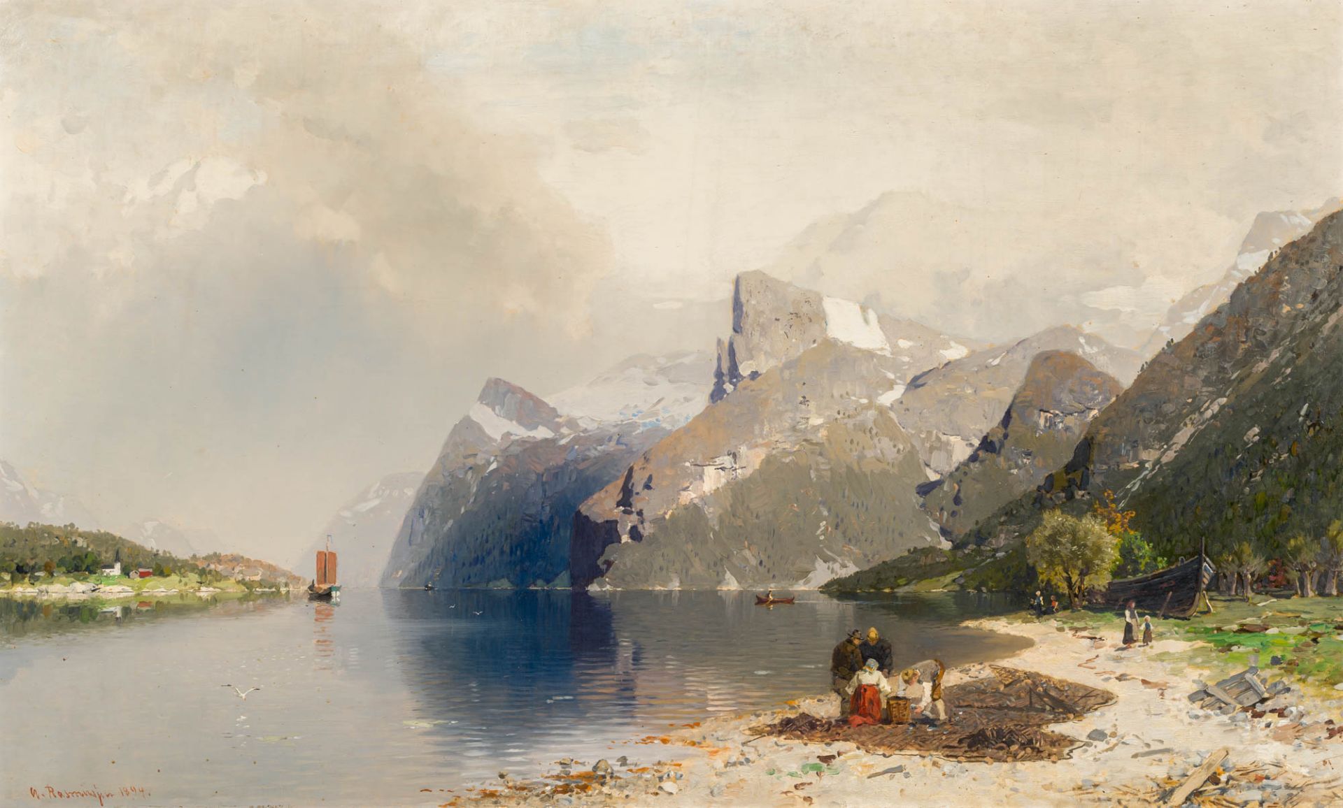 Georg Anton Rasmussen 1842–1914 Figurengruppe am Fjord 1894 Öl auf Leinwand unten links signiert und