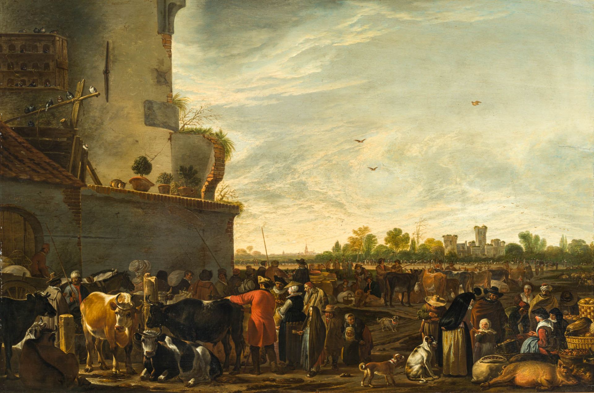 Cornelis Saftleven 1607–1681 Viehmarkt 1659 Öl auf Holz oberhalb des Torbogens signiert und