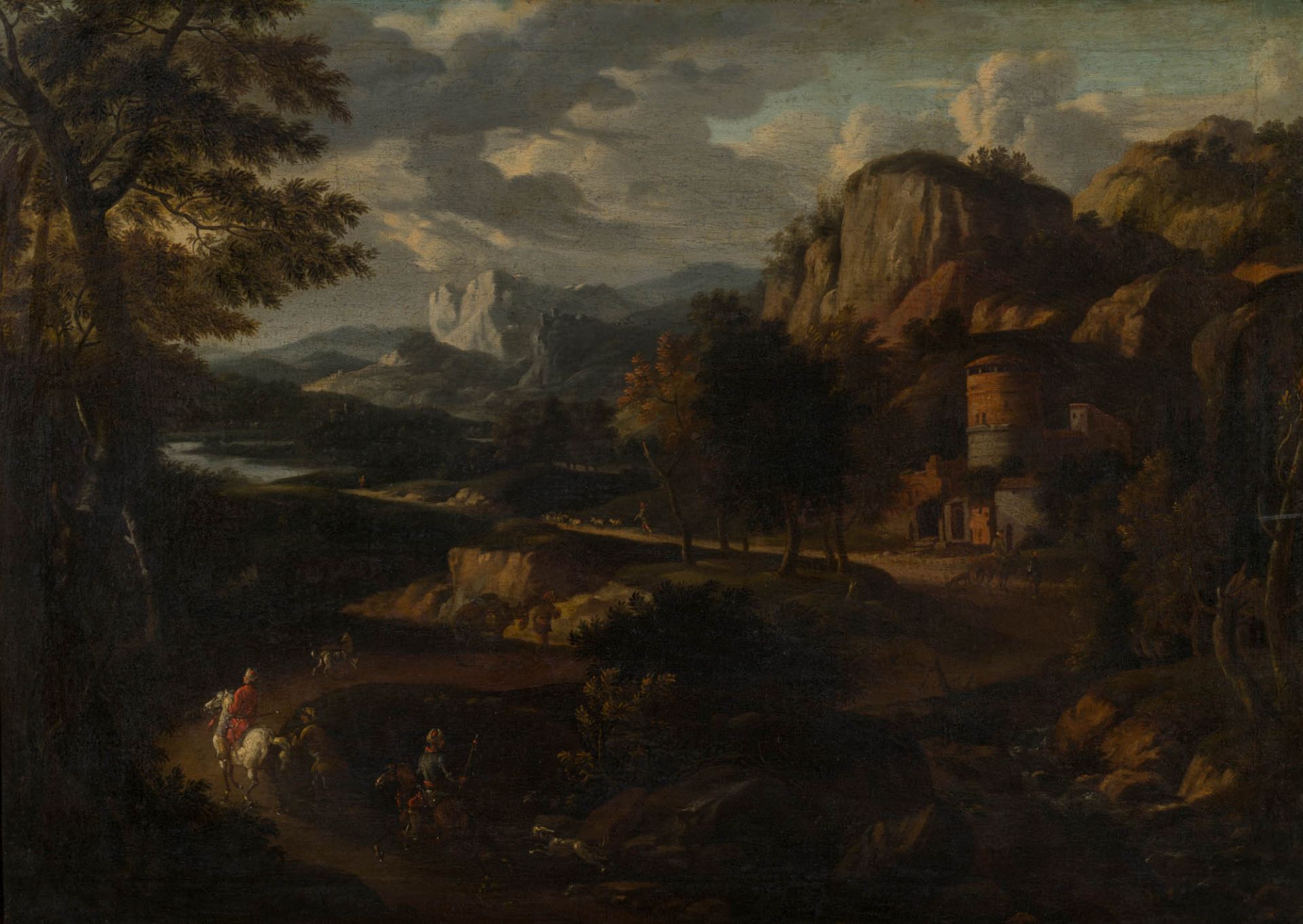 Italienische Schule 17. Jh. Landschaft mit Reiter Öl auf Leinwand 56 x 77 cm