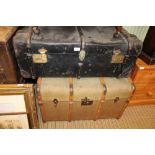 TWO USEFUL BEECH BOUND STEAMER TRUNKS