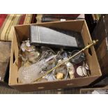 A BOX OF DOMESTIC METALWARES the majority silver plated and for the table top