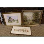 FOUR DECORATIVE PICTURES to include a street scene of Stratford