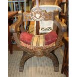 A REPRODUCTION ITALIAN RENAISSANCE DESIGN 'X' FORMED THRONE ARMCHAIR