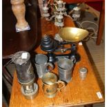 A SELECTION OF USEFUL & COLLECTABLE DOMESTIC METALWARES to include kitchen scales, pewter