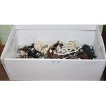 A SHOE BOX CONTAINING COSTUME JEWELLERY and associated items