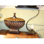 A WROUGHT IRON CANDLE STAND together with a carved wood effect oval bowl & cover