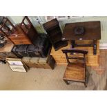 A MODERN REPRODUCTION OAK FINISHED COFFEE TABLE together with a small sized bookcase, a teapot stand