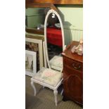 A WHITE FRAMED PLAIN PLATE CHEVAL GLASS MIRROR, together with a similar stool