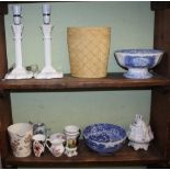 TWO SHELVES CONTAINING A SELECTION OF DOMESTIC POTTERY & PORCELAIN to include, a pair of white glass