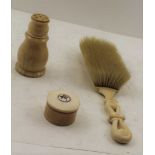 A 19TH CENTURY IVORY SHAKER, Japanese screw top box, circa 1880 and a 19th century carved brush (3)