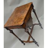 A 19TH CENTURY INLAID WALNUT WORK TABLE having rectangular lift-up lid, revealing remains of well