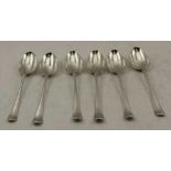 A SET OF SIX MID 18TH CENTURY SILVER TABLE / SOUP SPOONS, Hanoverian handles, London 1763,