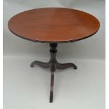 A 19TH CENTURY MAHOGANY SNAP TOP OCCASIONAL TABLE, oval top on carved stem and tripod supports,